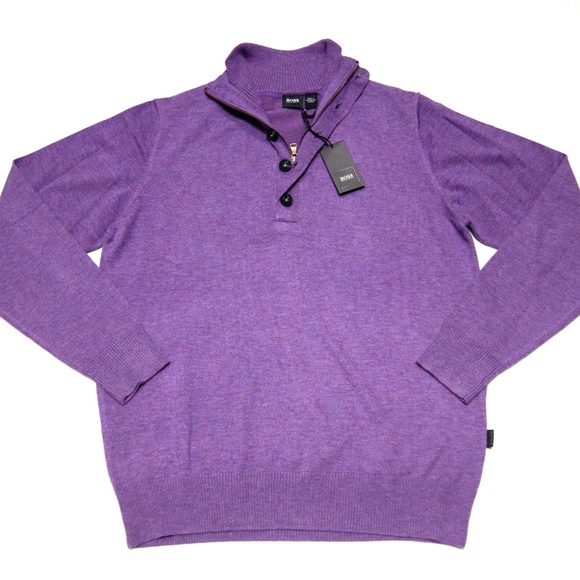 New Hugo Boss Sweater Half Zip Buttons Purple Wool Pullover Sweater - Picture 7 of 10
